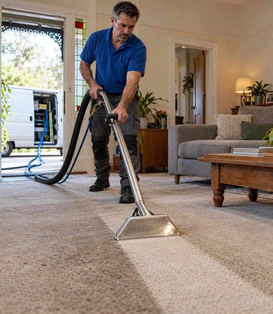 Everfresh cleaner steam cleaning a beige carpet in a Melbourne living room