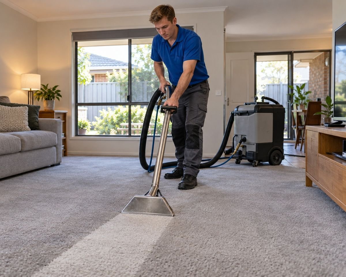 Carpet steam cleaning in a bright Melbourne lounge room with a clean stripe on the carpet